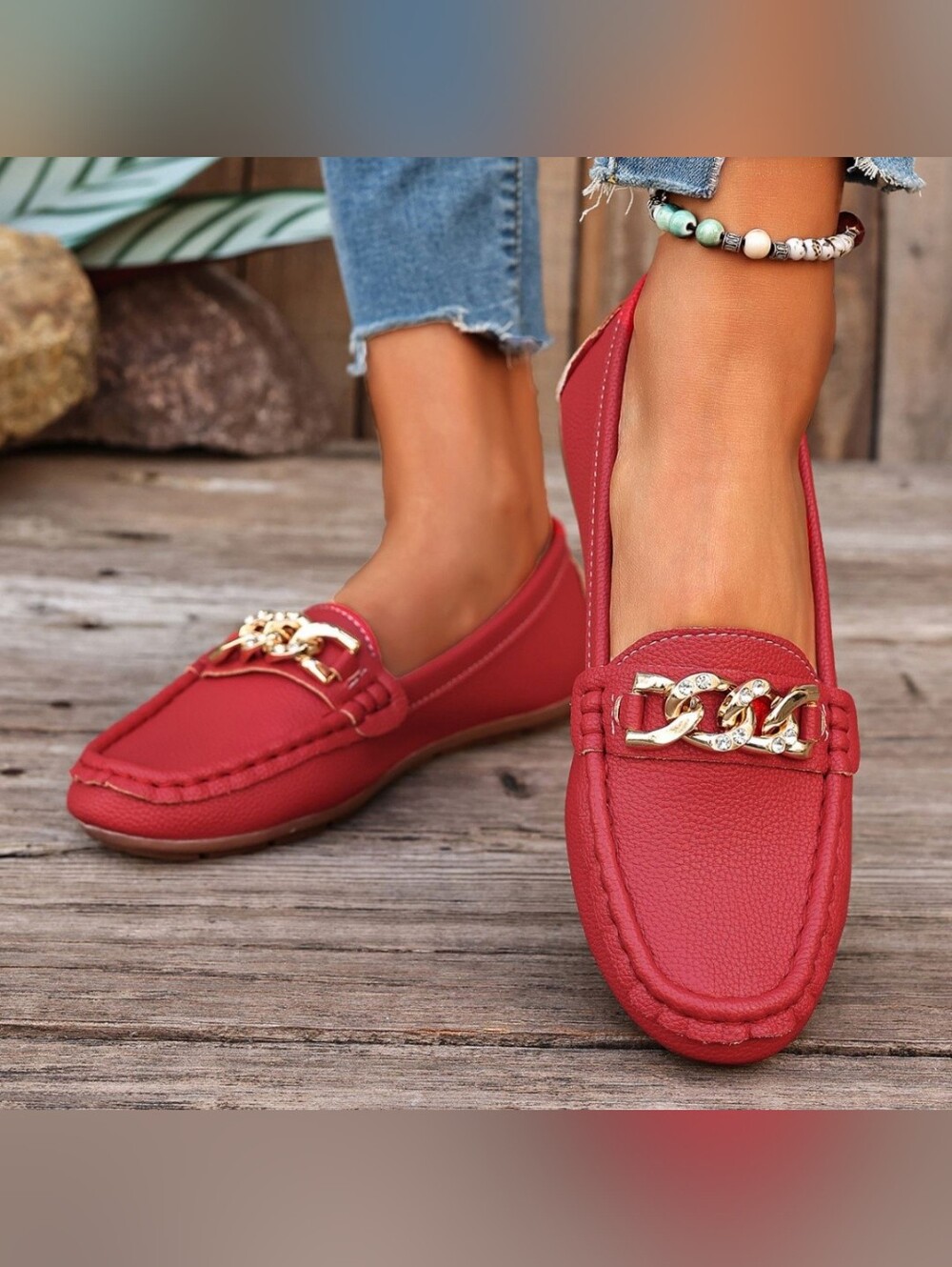 Red Women's Chain-Trim Moccasin Loafers